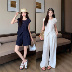 2025年夏装新款胖mm大码女休闲天丝短袖显瘦长短阔腿裤套装
