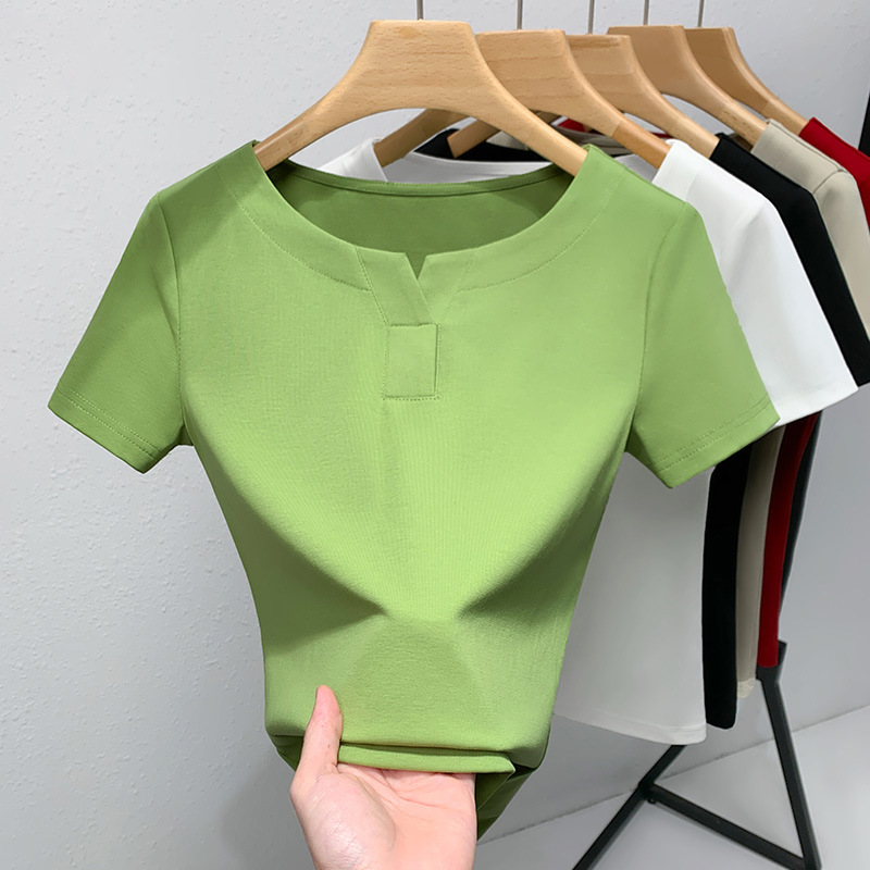 Camiseta de manga corta para mujer verano 2023 nueva camiseta de algodón de color sólido con cuello redondo medio abierto para mujer
