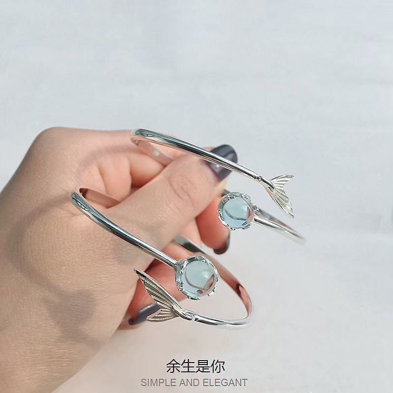 Mermaid Tail Bracelet for Female Students, Mermaid Tears Bracelet, Forest Style, Cool and Minimalist Blue Artificial Crystal Bracelet, Copper Fishtail Handmade