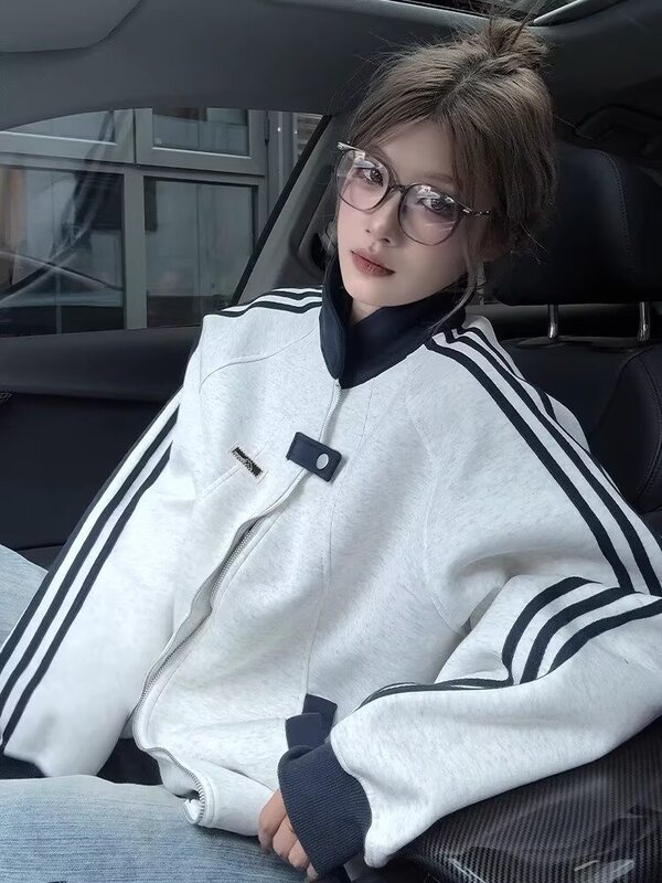 解构条纹立领外套男春秋宽松休闲开衫卫衣潮牌美式青少年运动夹克|undefined
