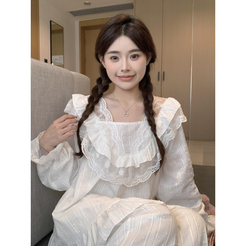 韩国ins女士新韩版甜美蕾丝提花宫廷风V领秋季长袖长裤外穿家居服|undefined
