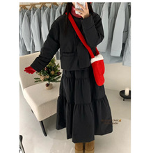 韩国ins冬日百搭韩版暖呼呼单排扣棉服马甲外套+蛋糕半裙时尚套装