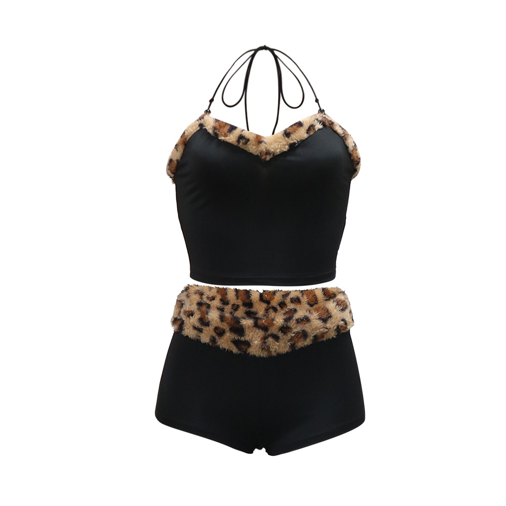 Women Sexy Knotted Short Top with Ultra Short Leopard Splicing Milk Silk Two Piece Set