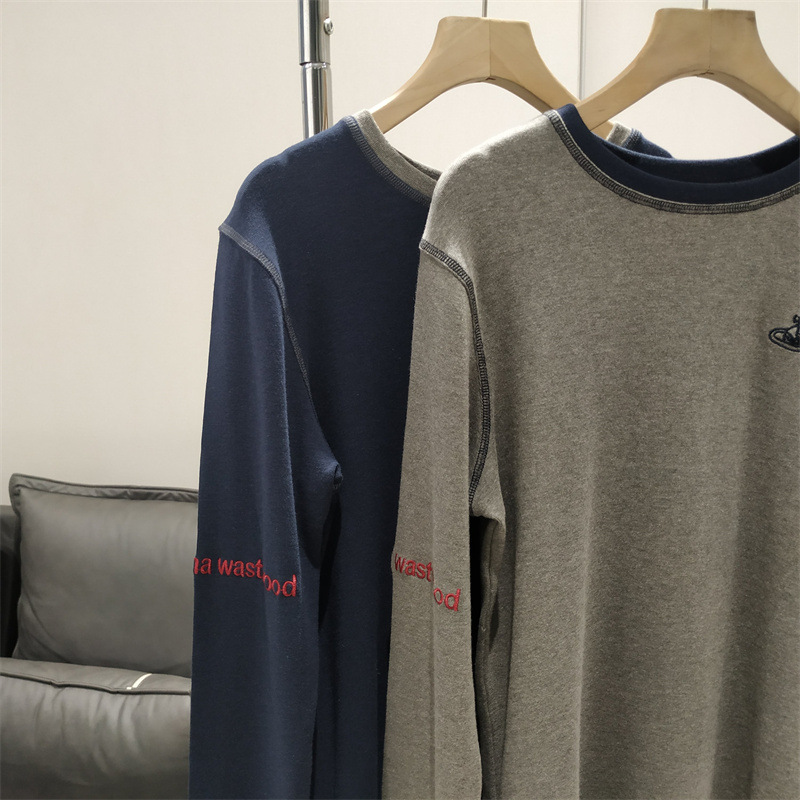 (2개) 토성 자수 티셔츠 여성 가을 2024 대비 칼라 슬림 핏 슬림 핏 스트레치 올 매치 라운드 넥 탑