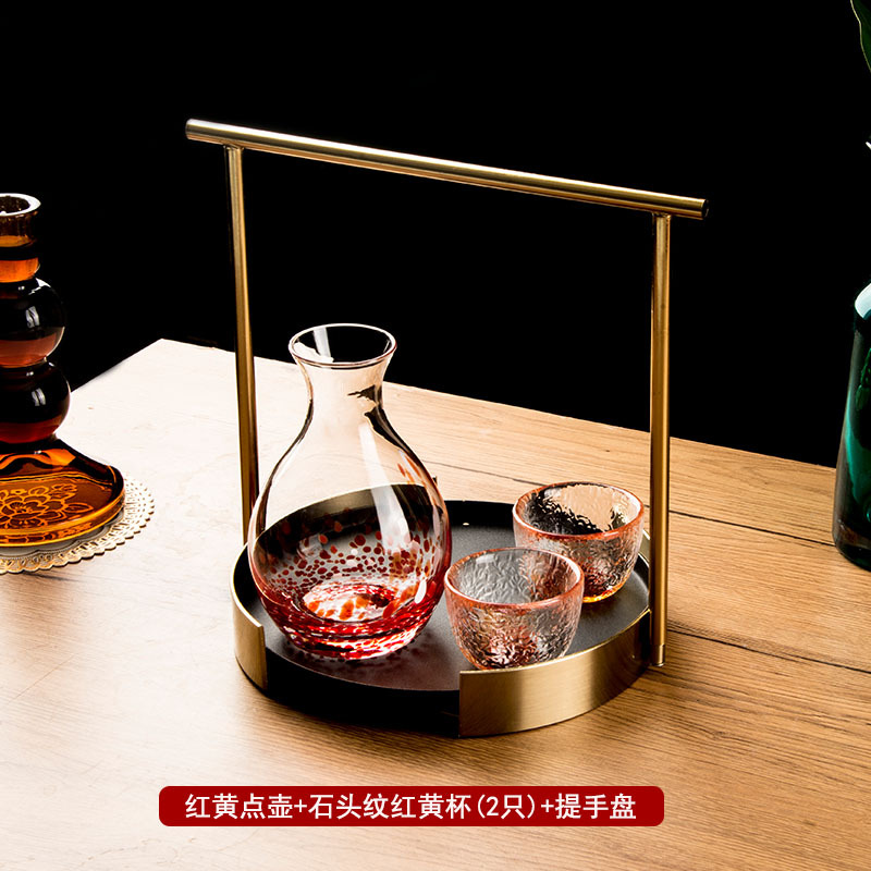 Glossy red and yellow dot pot + red and yellow stone pattern cups (2 pieces) + portable plate