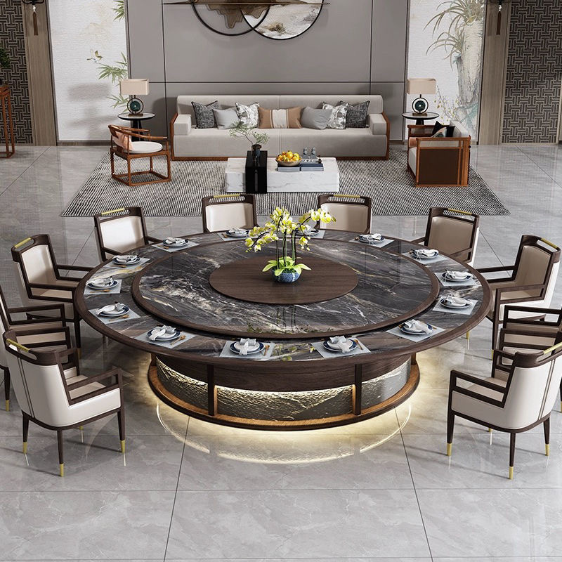 New Chinese-Style Solid Wood Electric Dining Table Hotel Electric Large Round Table for 20 People with Rock Slab Multifunctional Hot Pot Table