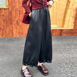 爆款女装PU皮裤子女九分裤2025秋冬新款爆款阔腿显瘦木耳边灯笼裤