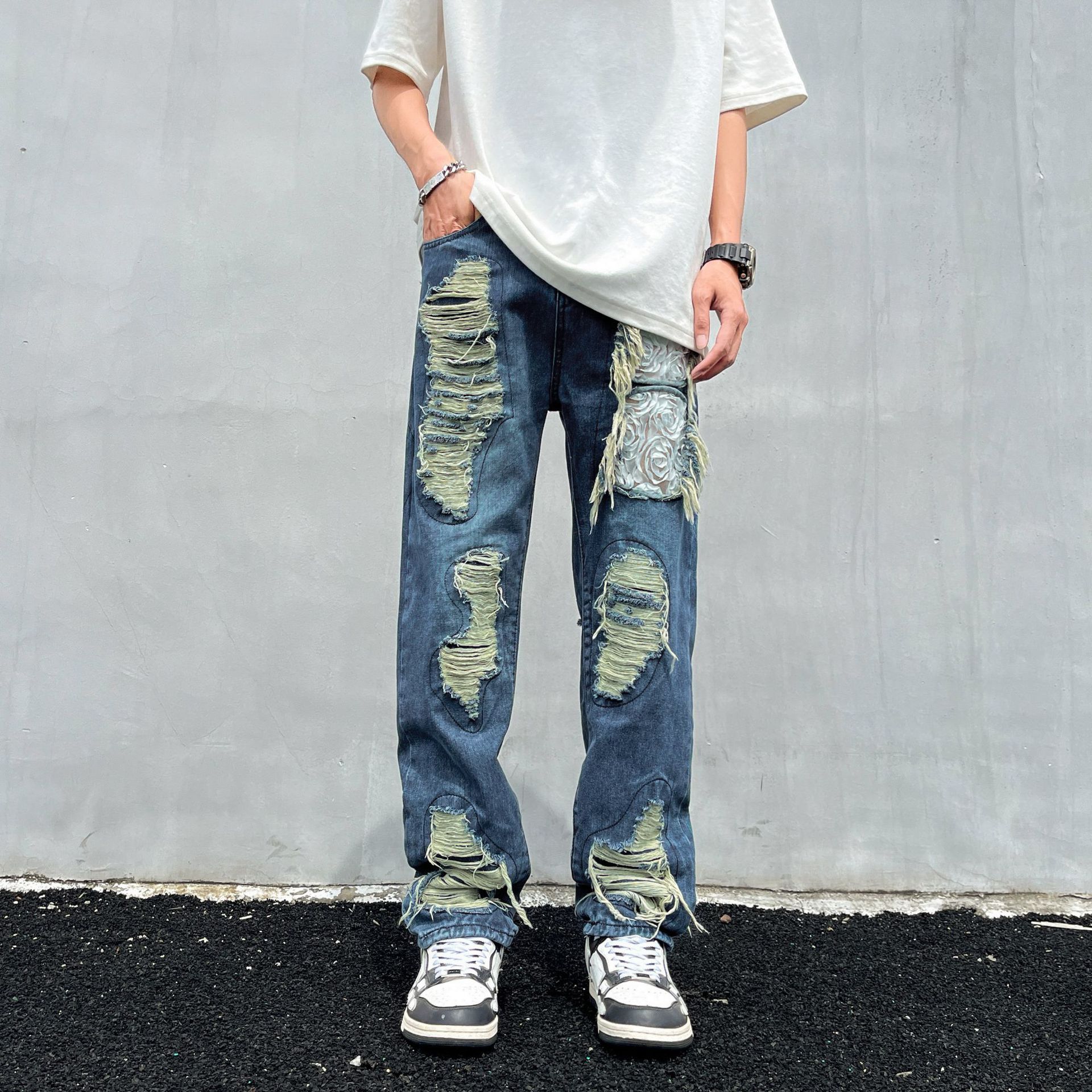 Tie-Dye Ripped Jeans For Men And Women American High Street Vintage Washed Slim Fit Flared Pants_mkmklike.com