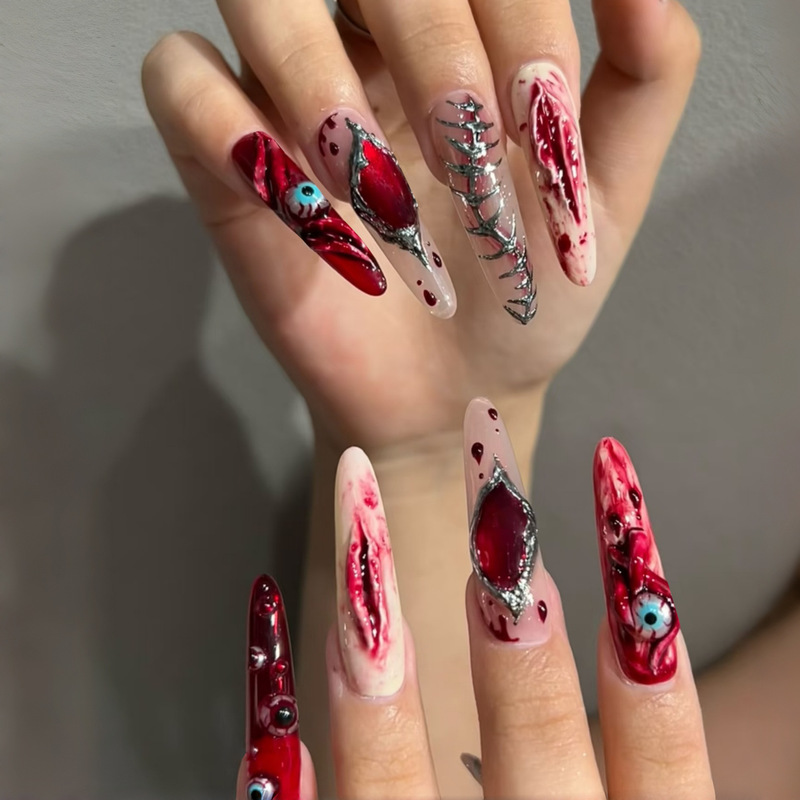 Wm-486 Red-Eyed Long Pointed Nail Tips Halloween Dark Bloodshot Cracked Eyeball Design 24-Piece Wearable Nail Tips Wm-486 Red-Eyed Long Pointed Nail Tips Halloween Dark Bloodshot Cracked Eyeball Design 24-Piece Wearable Nail Tips