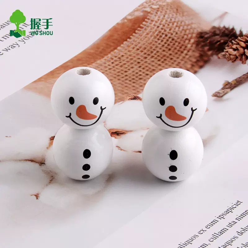 跨境热销可爱印彩色20mm雪人木珠圣诞节元素木珠子diy串珠配件
