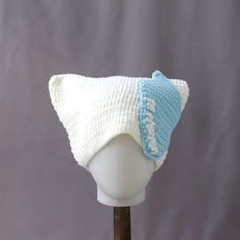 二次元针织毛线水滴耳朵帽天蓝色白色小众冬季保暖帽套头帽学院风