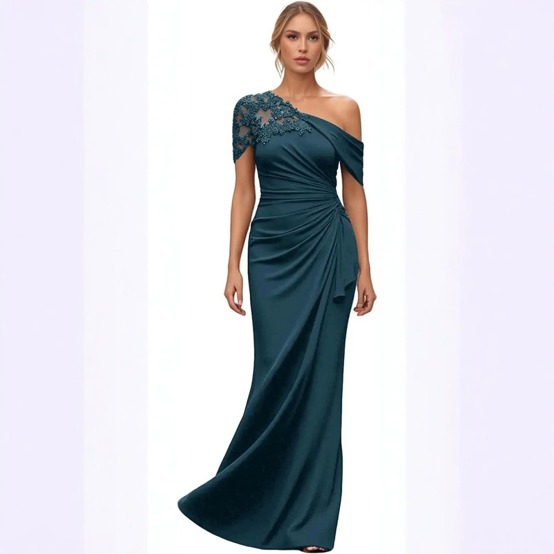 One-shoulder evening dress for women, waist-cinching, pleated, bodycon, fishtail long dress, suitable for banquets, weddings, and as a host's dress, wholesale One-shoulder evening dress for women, waist-cinching, pleated, bodycon, fishtail long dress, suitable for banquets, weddings, and as a host's dress, wholesale