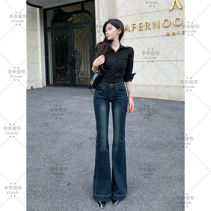 蓝灰色水洗微喇牛仔裤女中低腰2025秋季新款潮流修身显瘦喇叭长裤|undefined