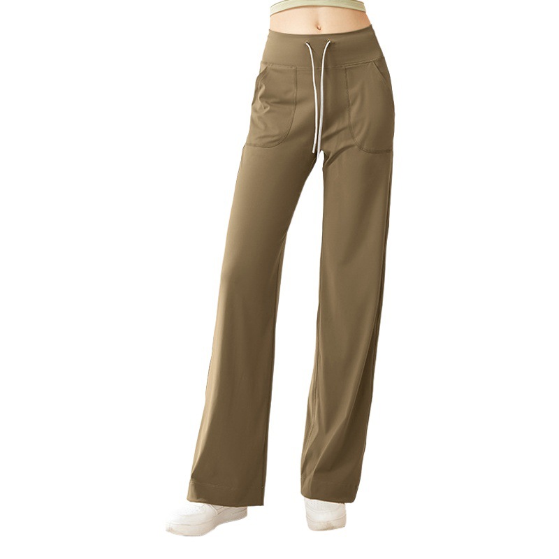 Pantalones de yoga Juyitang con cordón ajustable, cintura alta, efecto levanta glúteos, pierna recta, caída fluida y ancha.