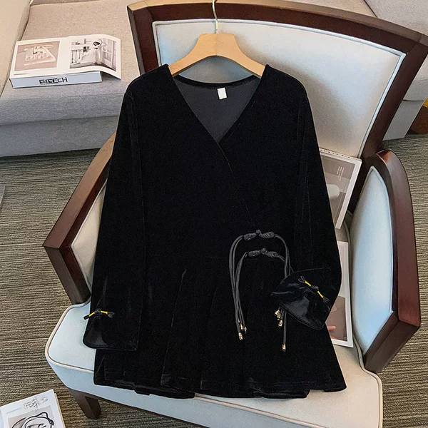 High-Quality Base Layer Outerwear New Chinese-Style Velvet Top Long-Sleeve Button-Down Base Shirt Plus-Size Slimming Top for Plus-Size Women