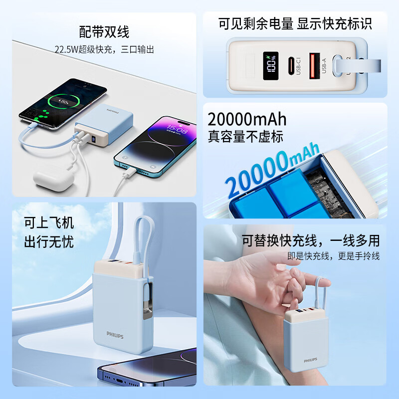 フィリップス自帯線充電宝22.5W超速充20000ミリアンペア時大容量携帯小型|undefined