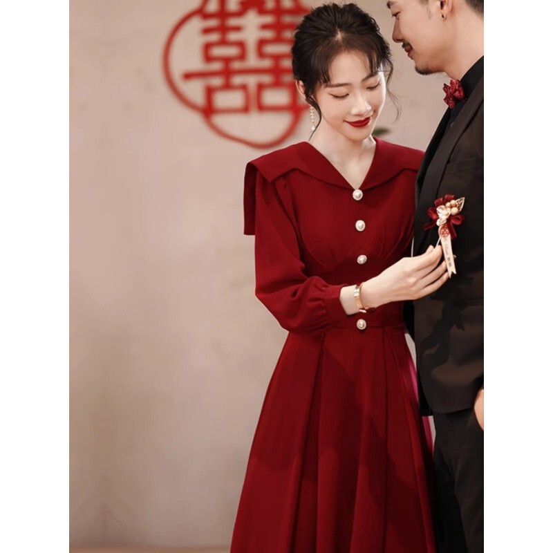 大きいサイズの婦人服の敬酒服の新婦の結婚の婚約のワンピースの女性の秋に家に帰って私服を着て、普段は長いスカートを着ることができます。|undefined