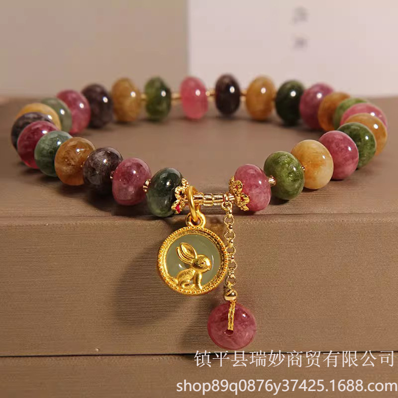 Nicho de jade natural color pulsera de turmalín mujer ligera lujo retro colgante de conejo delicada pulsera red