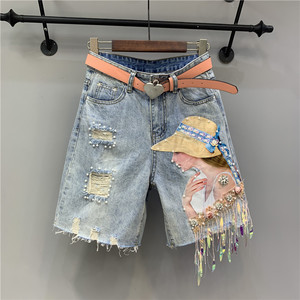 Heavy mapping tassel Sequin nail bead hole five point denim shorts