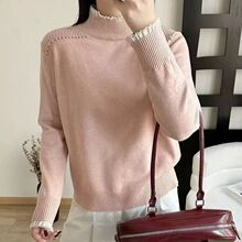 重磅加厚蕾丝花边半高领打底毛衣女2025新款双肩钉珠保暖针织衫冬