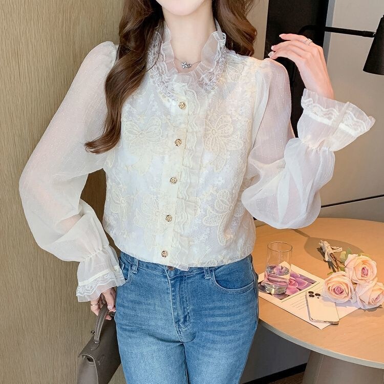 2026 new high-end French retro style loose-fitting, elaborately beaded and sequined, fashionable top, lace shirt for women 2026 new high-end French retro style loose-fitting, elaborately beaded and sequined, fashionable top, lace shirt for women