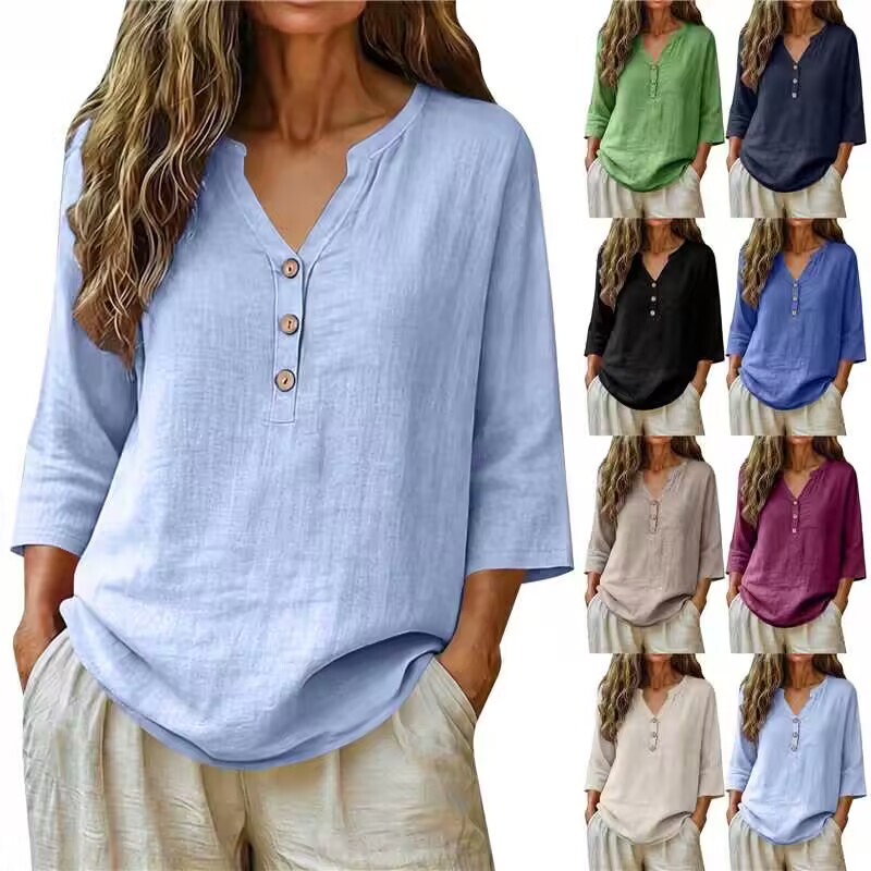 Exclusively for the European and American Market, Cotton and Linen Three-Quarter Sleeve Shirt for Women, V-Neck Buttoned Loose Plus-Size Women's Clothing Exclusively for the European and American Market, Cotton and Linen Three-Quarter Sleeve Shirt for Women, V-Neck Buttoned Loose Plus-Size Women's Clothing