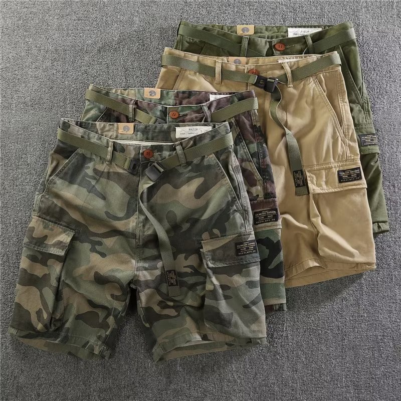 Khaki American Retro 2025 Straight Outdoor Men's Camouflage Pants Five-Point Pants Multi-Pocket Cargo Pants Casual Pants