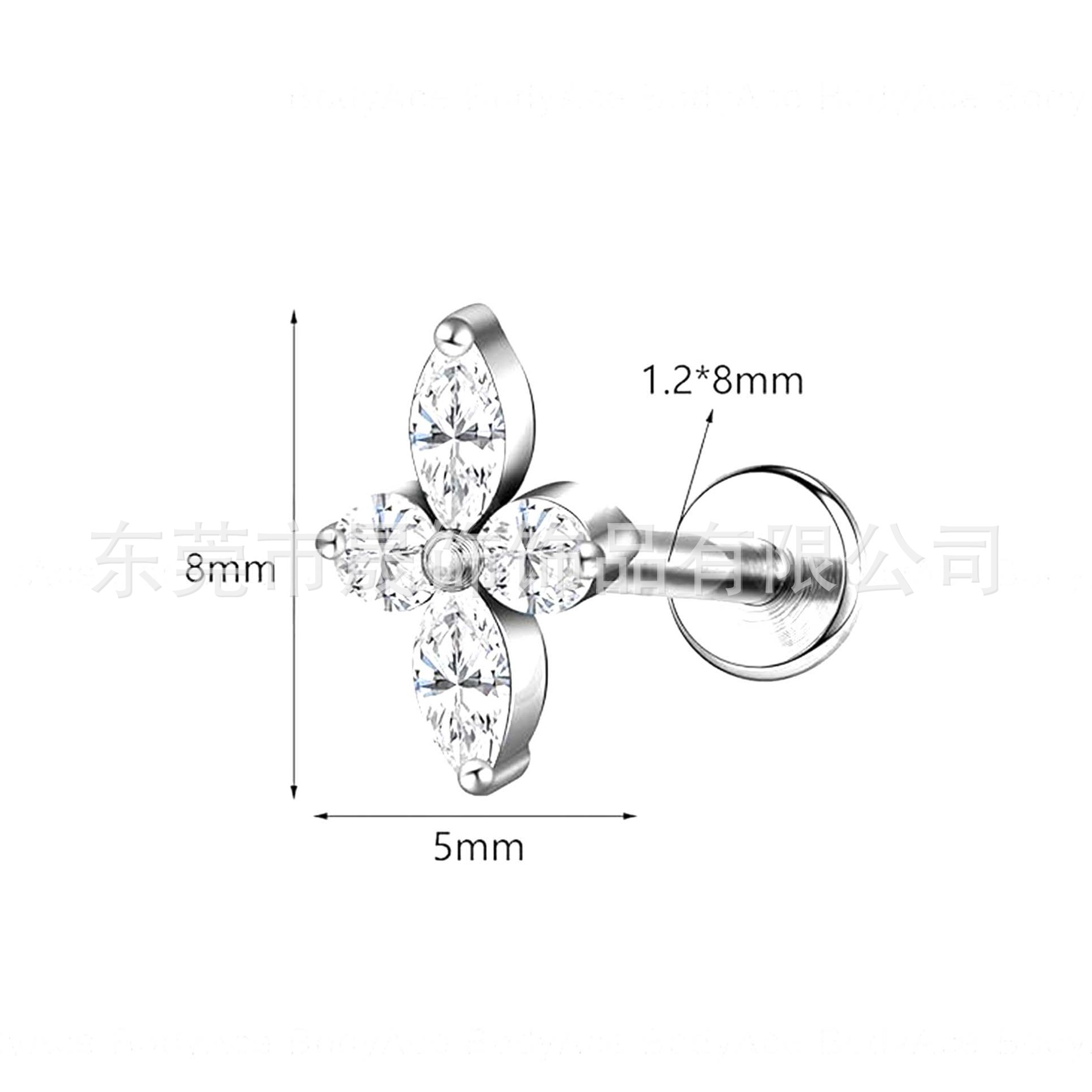 F136 Titanium Ear Stud 四叶草 Studded Cubic Zirconia Helix Cartilage Stud G23 Implant Grade Titanium Labret Stud 人体 Piercing Jewelry