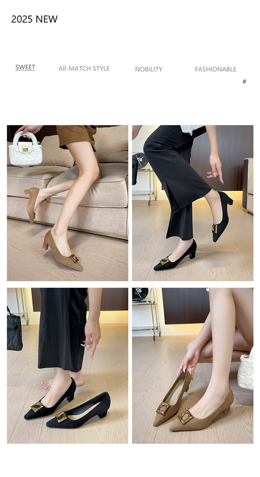 Giày cao gót nữ mũi vuông gót thô khóa kim loại, chất liệu len cashmere cao cấp, gót 3–6 cm — Màu nâu, màu đen chi tiết 2