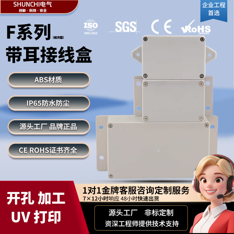 顺持电气户外防水接线盒带耳ABS塑料外壳明装分线盒按钮控制盒