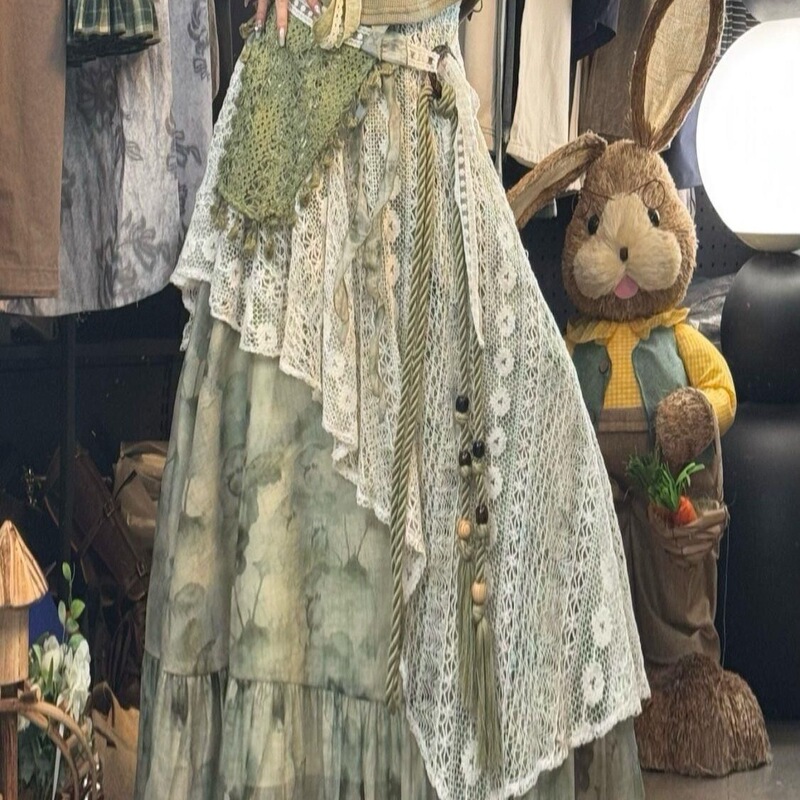 Irregular Design Skirt, Forest-Style Bohemian Style Printed Patchwork Green Skirt, Women's Summer Long Skirt, One Size Fits All Irregular Design Skirt, Forest-Style Bohemian Style Printed Patchwork Green Skirt, Women's Summer Long Skirt, One Size Fits All