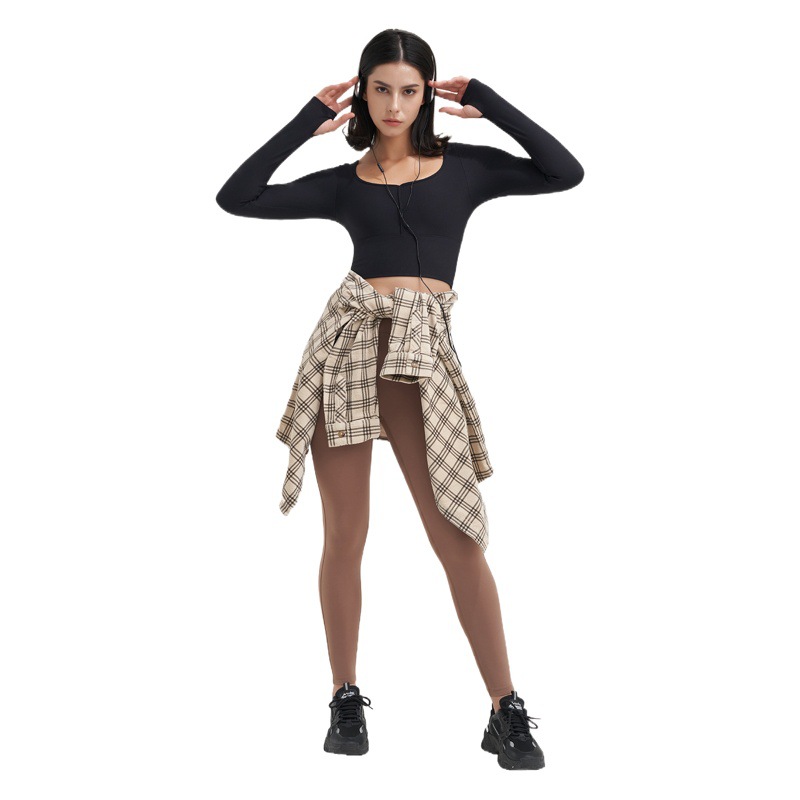 Otoño e Invierno nueva Copa fija ropa de Yoga de manga larga hilo Deportivo Superior de las mujeres gran U-cuello apretado cinturón Finger Set ropa de fitness