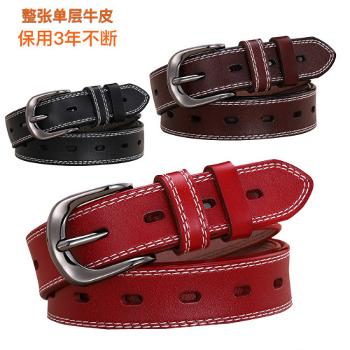 Women's genuine leather belt, wholesale—stylish decorative pin-buckle waist cincher, versatile casual jeans belt for ladies