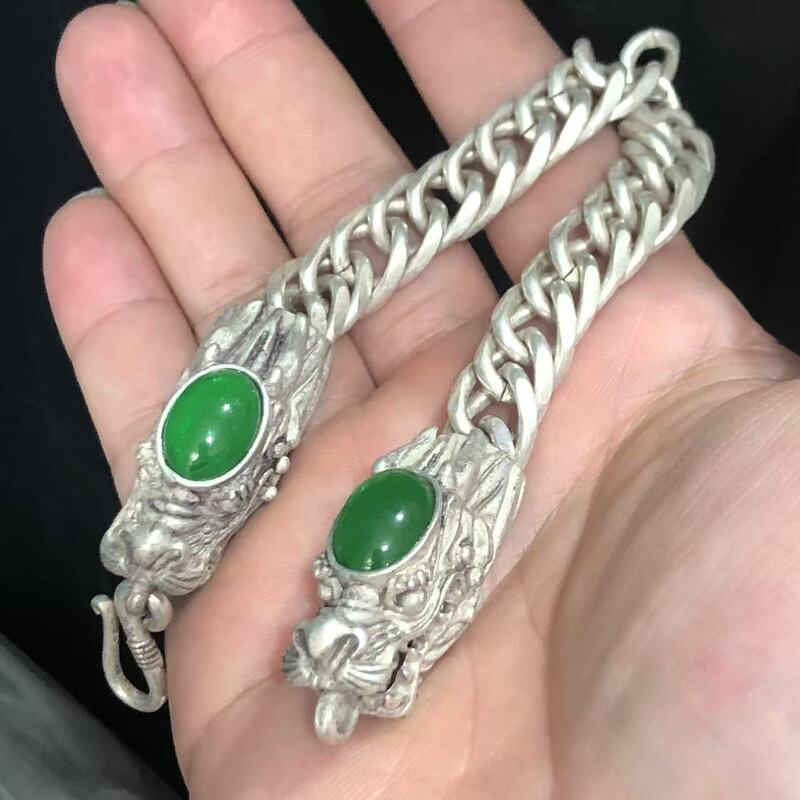 Men's Dragon Head Bracelet, Bold Men's Style, Thick Retro Couple Style, Student White Copper Inlaid Green Jade Bracelet Gift Men's Dragon Head Bracelet, Bold Men's Style, Thick Retro Couple Style, Student White Copper Inlaid Green Jade Bracelet Gift