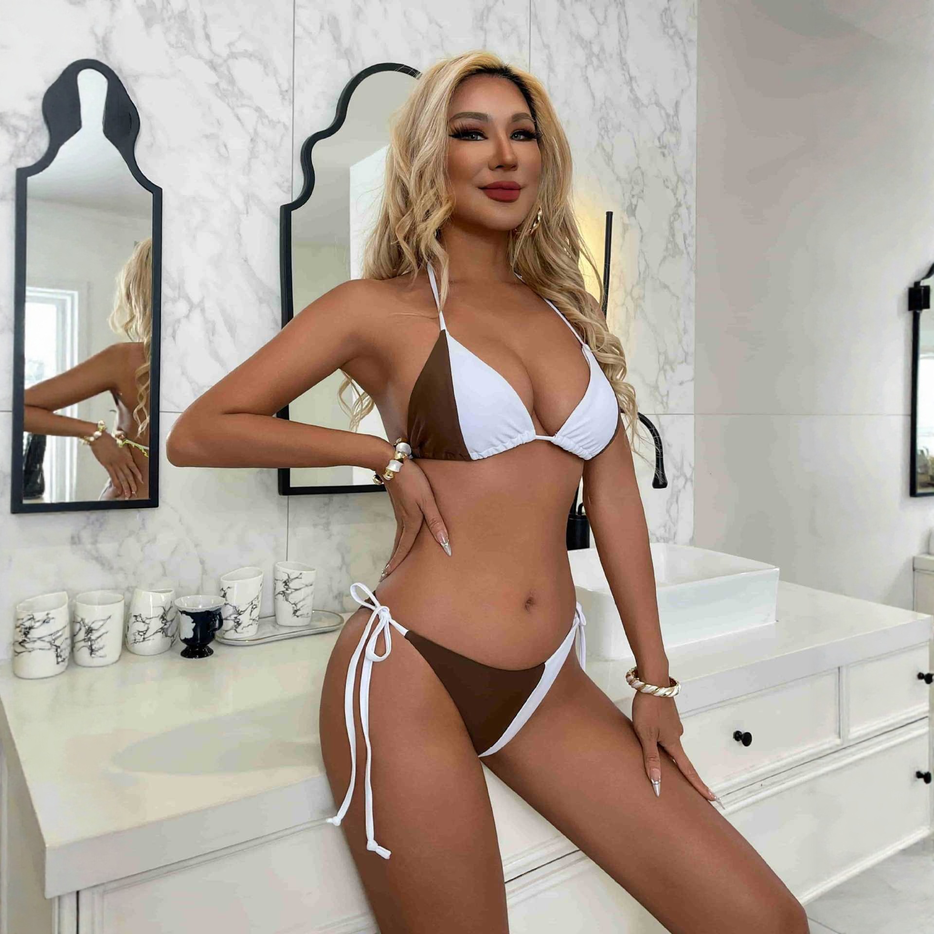 25速卖通欧美性感系带比基尼带胸垫沙滩温泉三点式绑带泳衣bikini