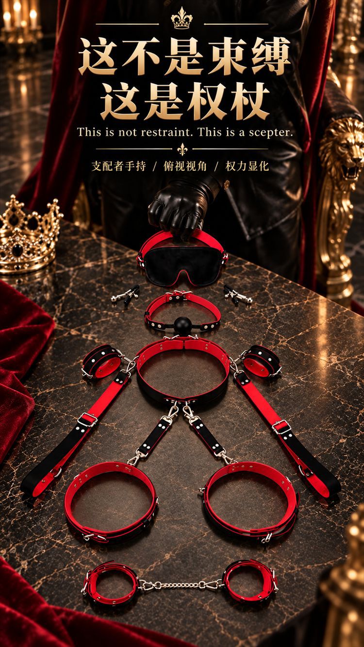 Adult Couples Bondage Restraint Kit in PU Leather with Metal Handcuffs, Black-Red — detail image 21