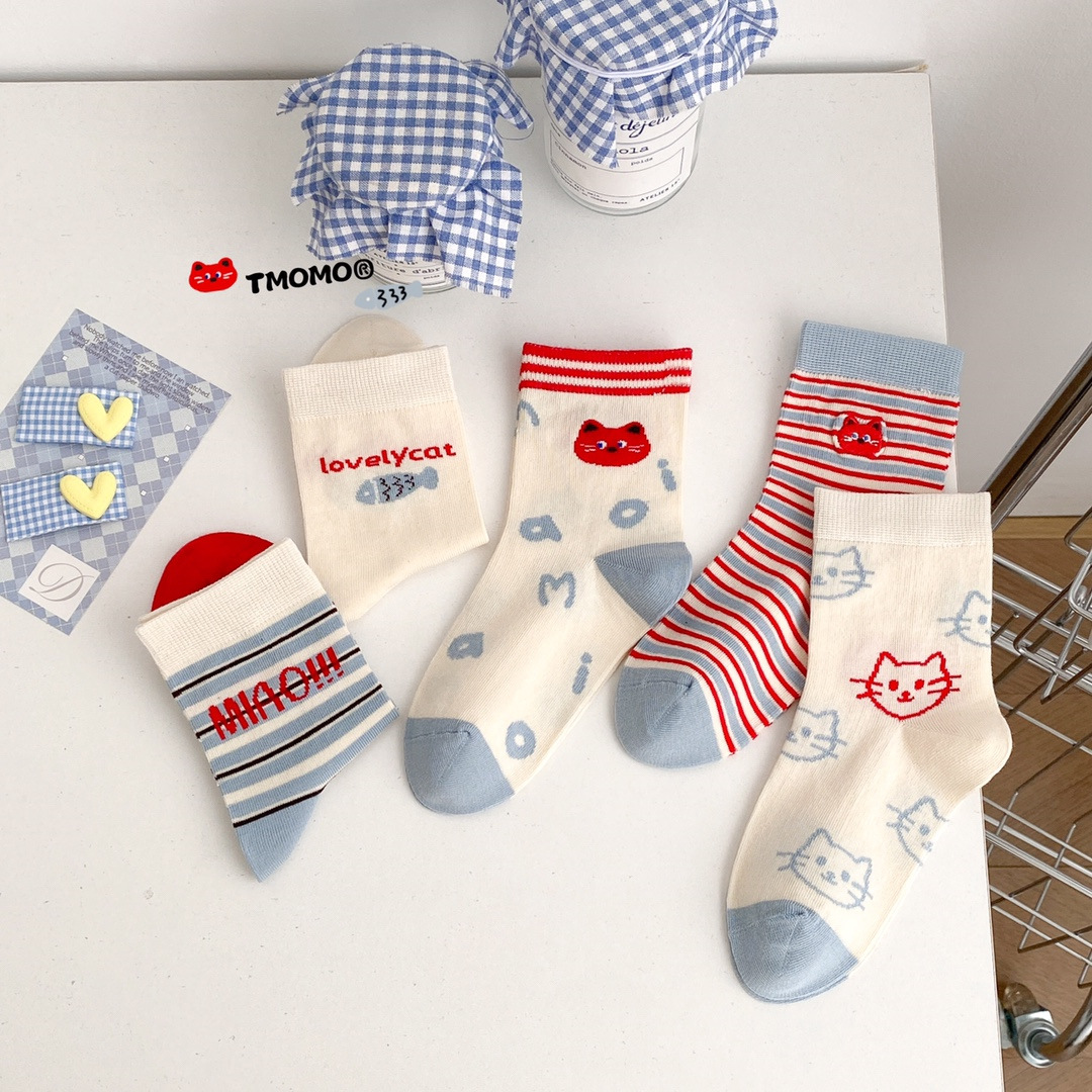 Tmomo Rabbit Silent Spring/Summer Mid-Calf Socks Striped Letter Kitten Combed Cotton Socks Children's Trendy Socks 26Ss008