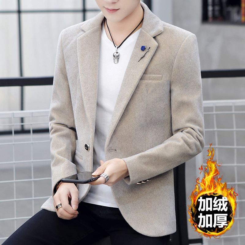 秋冬季新款男士小西装韩版修身加绒加厚青年休闲水貂绒外套男西装