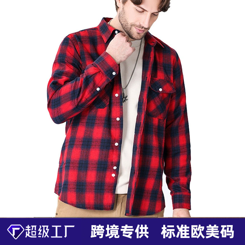 春夏修身亚马逊时尚磨毛格子高级感长袖双口袋法兰绒男装衬衫衬衣