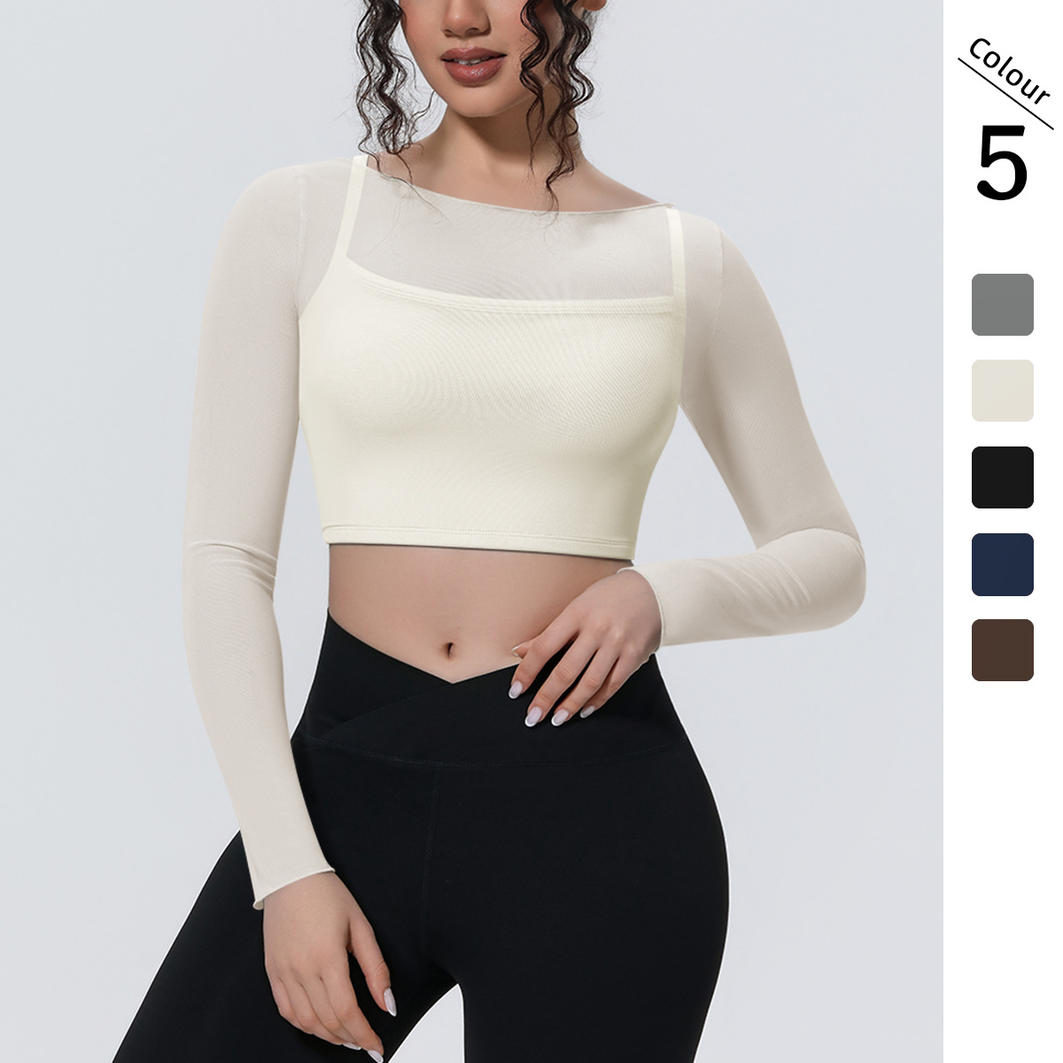 New Cross-border Solid Color Mesh Double-layer Breathable Faux Two-piece Long-sleeve Casual Sports Running Fitness Yoga_desvips.com