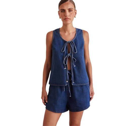 Independent station cross-border European and American style summer fashion casual sleeveless lace-up high waist women's vest denim suit shorts