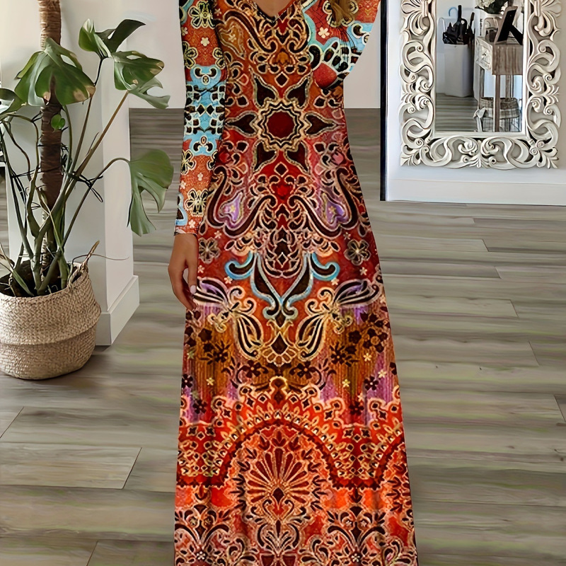 Summer Maxi Dress Casual V Neck Long Sleeve Bohemian Peacock Print Floral Long Dress