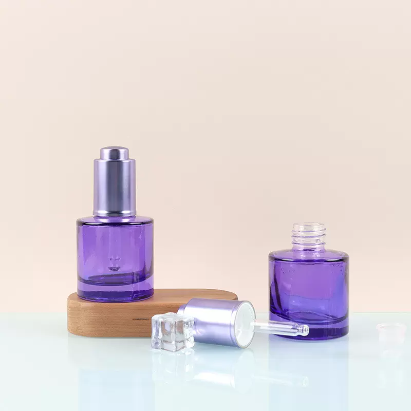 跨境源头厂家现货30ml圆柱厚底平肩紫色精华油爽肤水滴泵玻璃瓶
