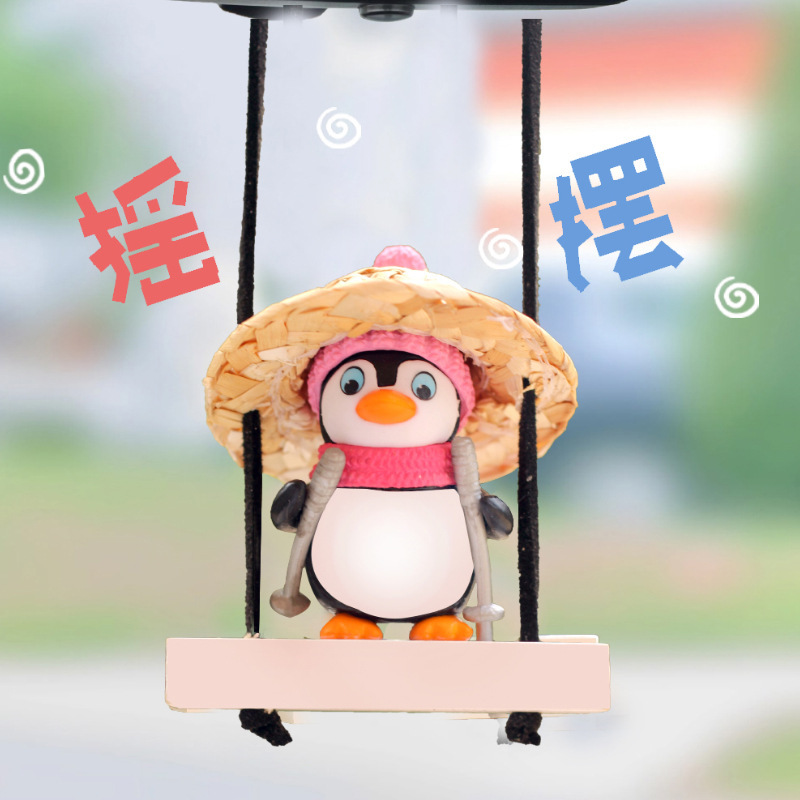 Colgantes para automóviles, accesorios colgantes para automóviles, swing, sombrero de paja, pingüino, espejo retrovisor creativo, colgantes, productos para el interior del automóvil