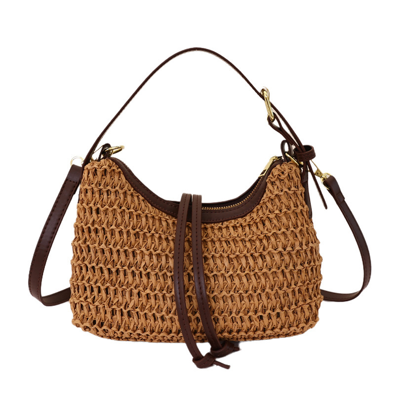 Nicho Zhong vacaciones de verano bolsas de paja nuevas bolsas de mano de viaje de mujer ocio diario viaje de viaje temperamento bolsas de cubo caqui
