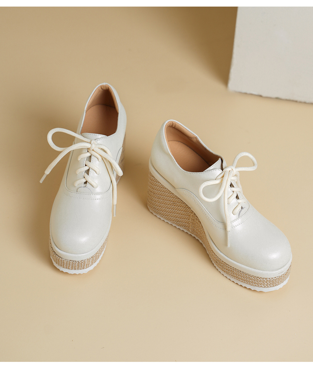 Giày loafer nữ đế xuồng platform da thật buộc dây, gót cao 9 cm — màu đen, màu trắng ngà chi tiết 15