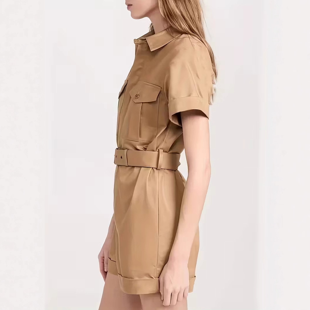 Stylish Women's Belted Jumpsuit With Pockets And Collared Shorts_voghion.com