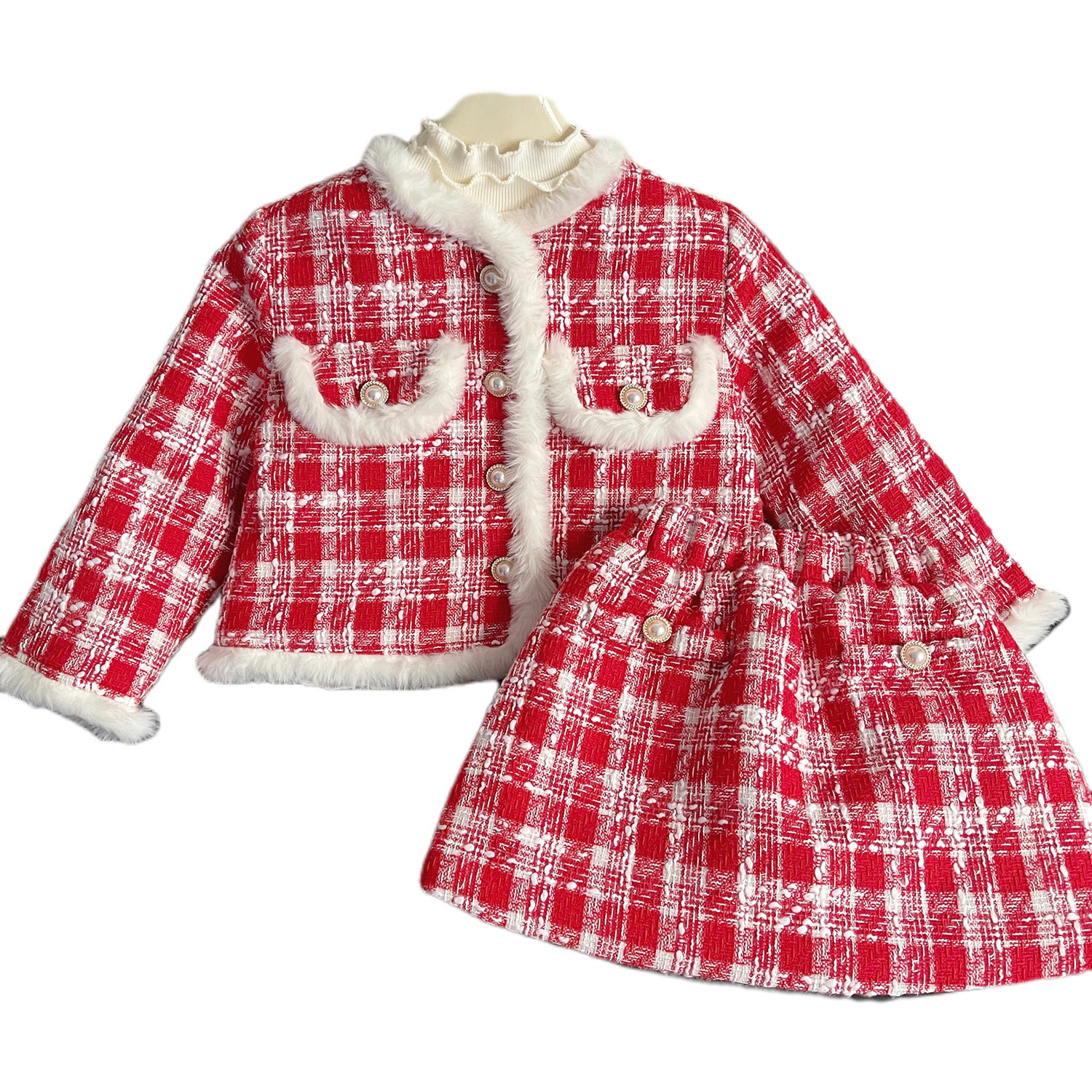 2023 Nova Edição Coreana de Inverno Meninas' Vermelho Estilo Perfumado Bebê Conjunto de Saia Curta Xadrez 68166_voghion.com