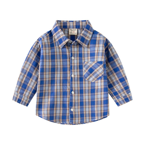 Spring travel outdoor boys plaid shirt casual lapel cotton long-sleeved shirt Korean style trendy children's shirt