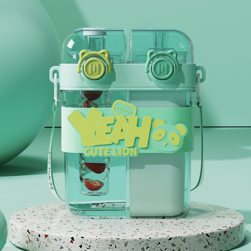 Taza para beber doble de gran capacidad dividida Taza para niños Taza para beber para estudiantes con pajita Taza para llevar al aire libre de alto valor de dibujos animados